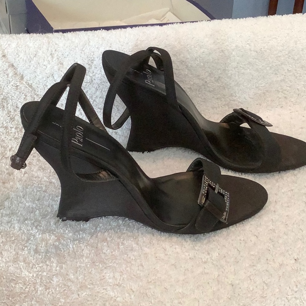Paolo Black Wedge Sandals with Rhinestone Buckle - Picture 3 of 6